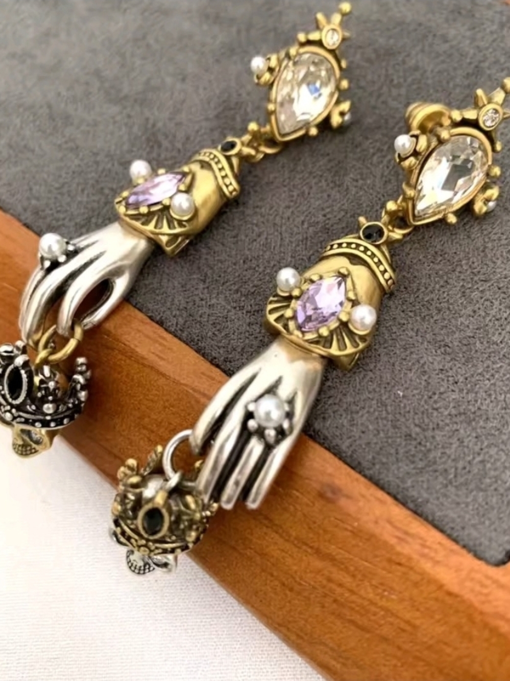 Gold and Silver Hand Drop Earrings with Purple and Clear Stones - Picture 4 of 9